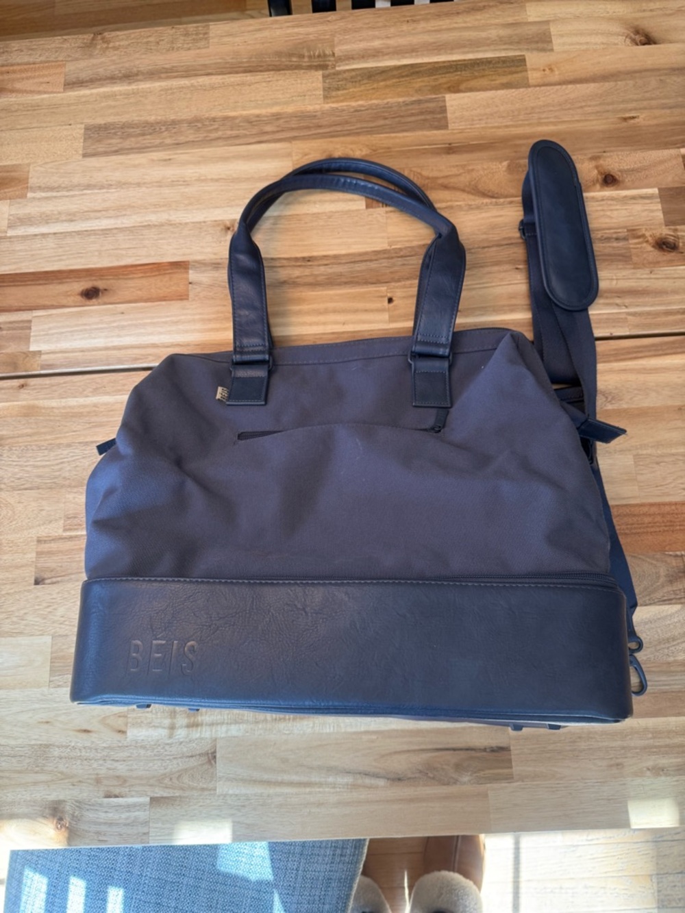 BEIS Mini Weekender Navy Travel Tote with Padded Shoulder Strap and Leather Base